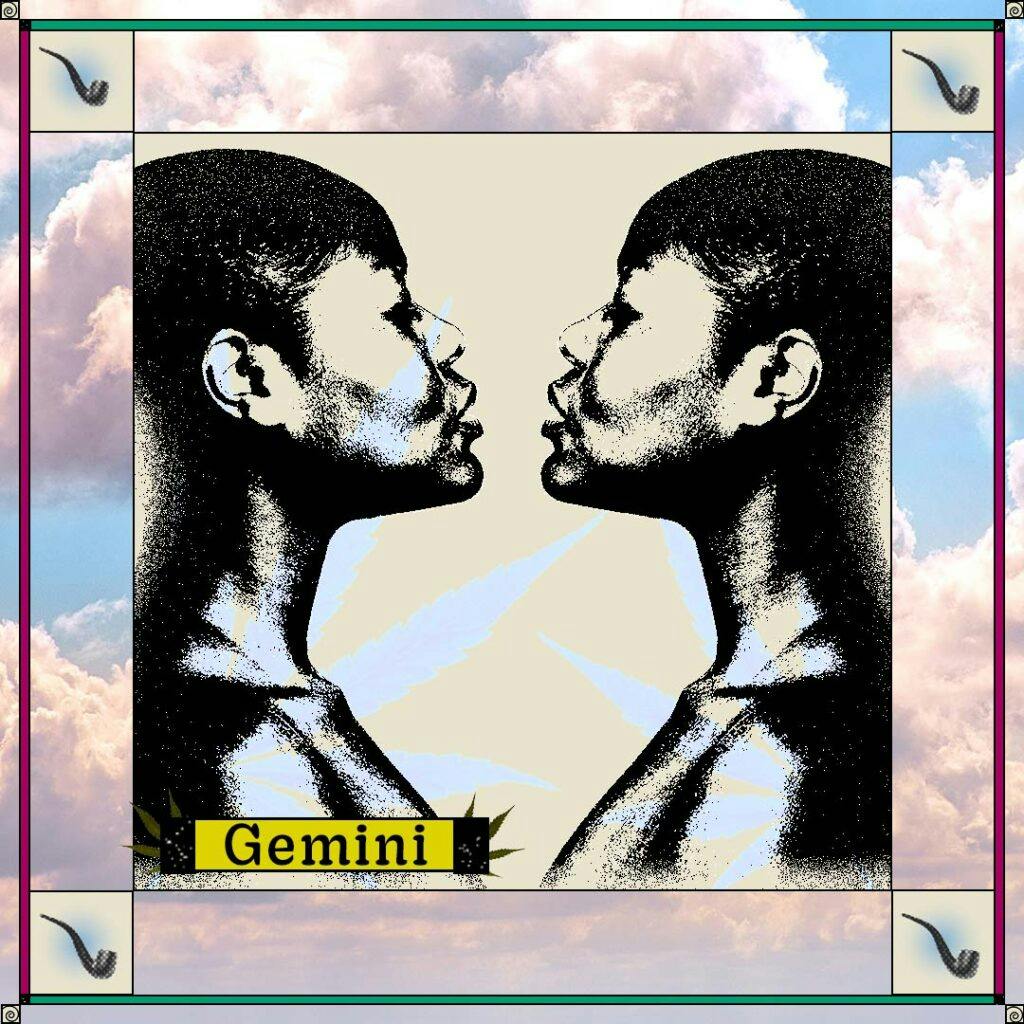 two women looking at each other confidently on sky background with pipes in the corners and the word "Gemini"